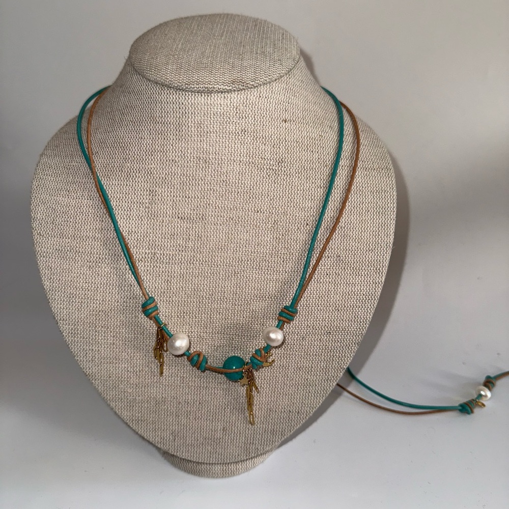 Joie DiGiovanni Turquoise Sand Pearl Gold Star Moon & Chain Rocker Necklace NWT